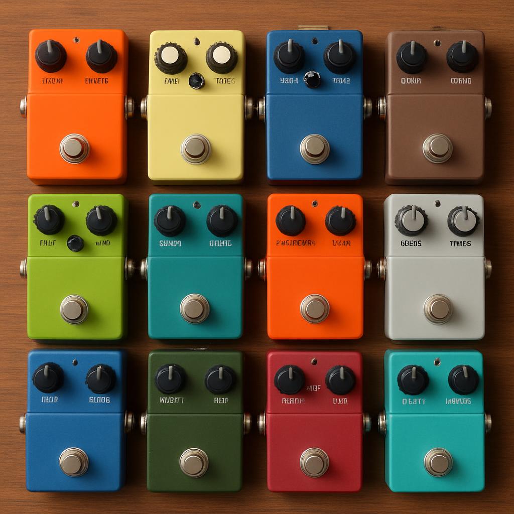 The image features a collection of 14 different colored guitar pedals.