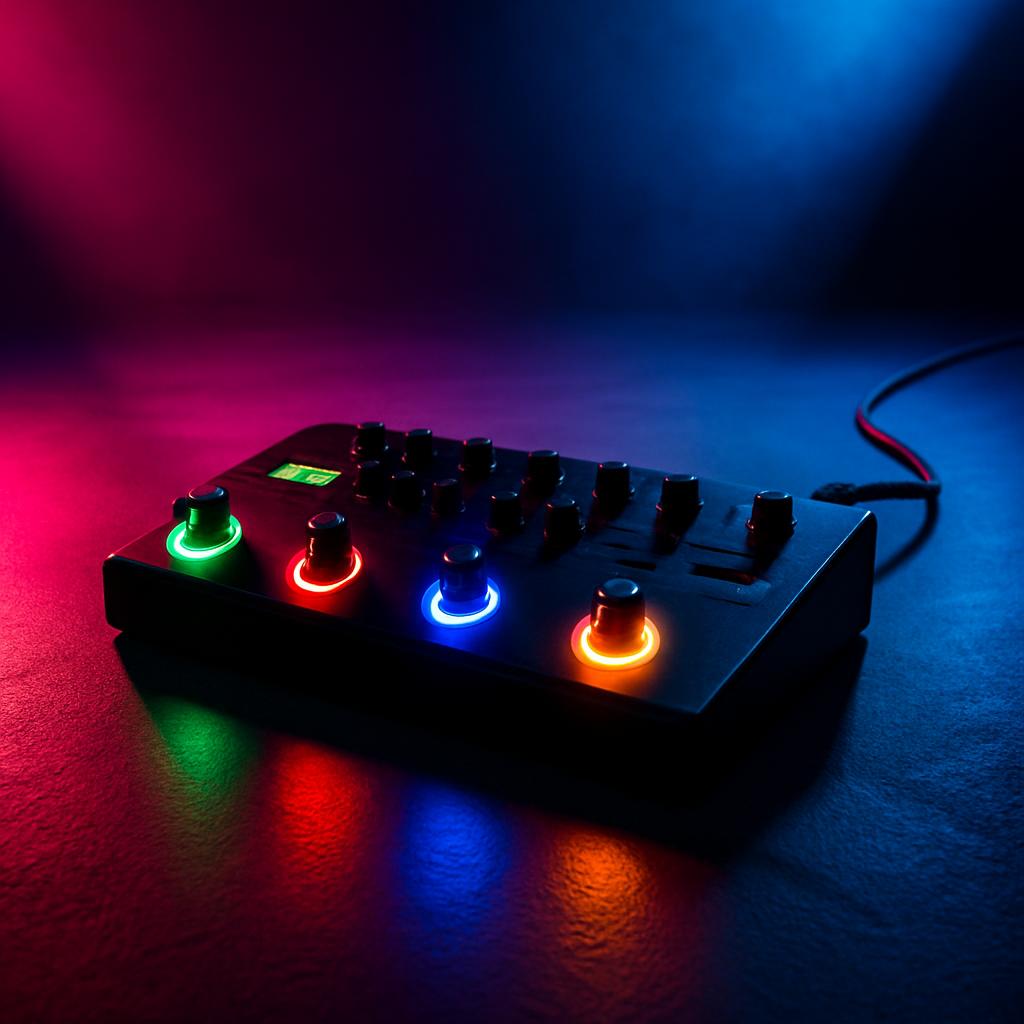 The image shows a black audio mixer with colorful LED lights and knobs, set against a dark background with a gradient of r...