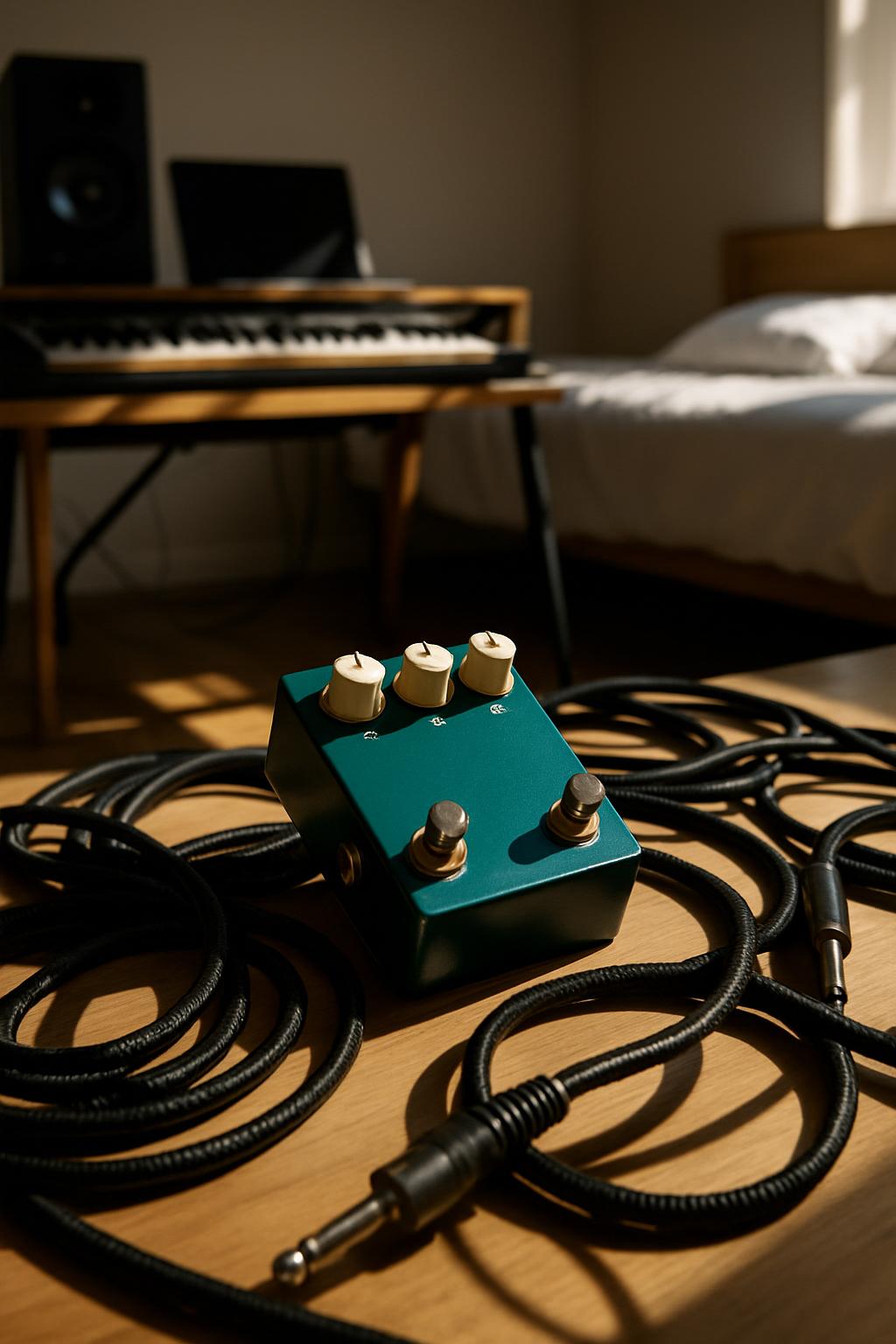 The image shows a room with a bed and desk in the background, and a green box with knobs and cables on the wooden table in...