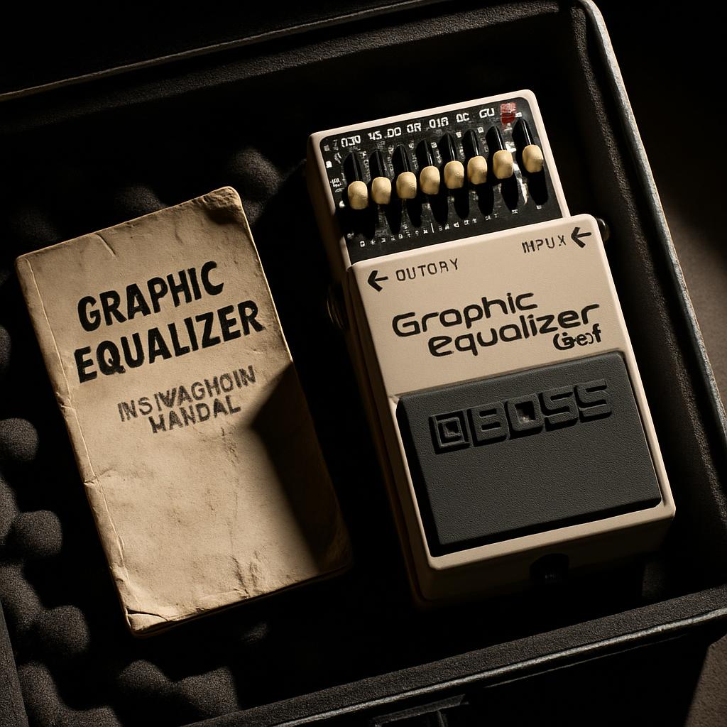 This infographic displays a graphic equalizer in its storage container, featuring the device itself alongside its wooden a...