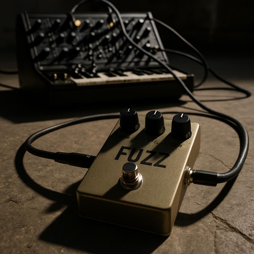 An electric guitar fuzz pedal with three black dials and amp cord with the word "FUZZ" on it, with a black cable in front ...