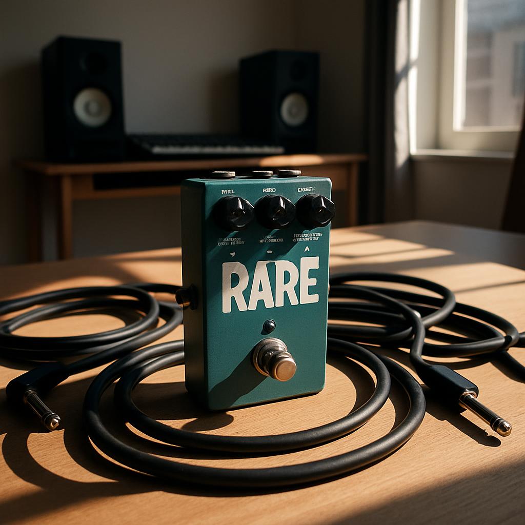 A teal-colored "RARE" electric guitar pedal is displayed on a light brown, wooden table. The foreground of the image unclu...