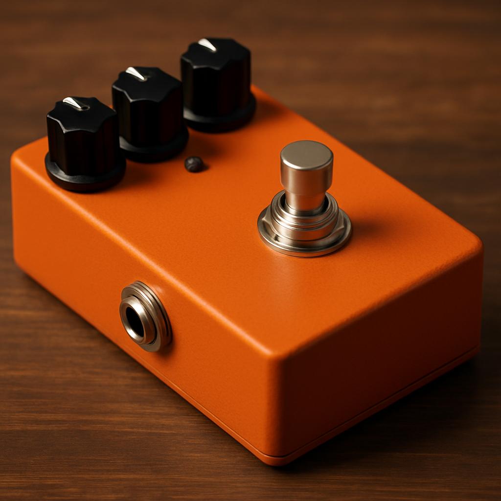 The image shows a pedal that can be attached to a guitar amplifier. The pedal has a small rectangular shape with a light o...