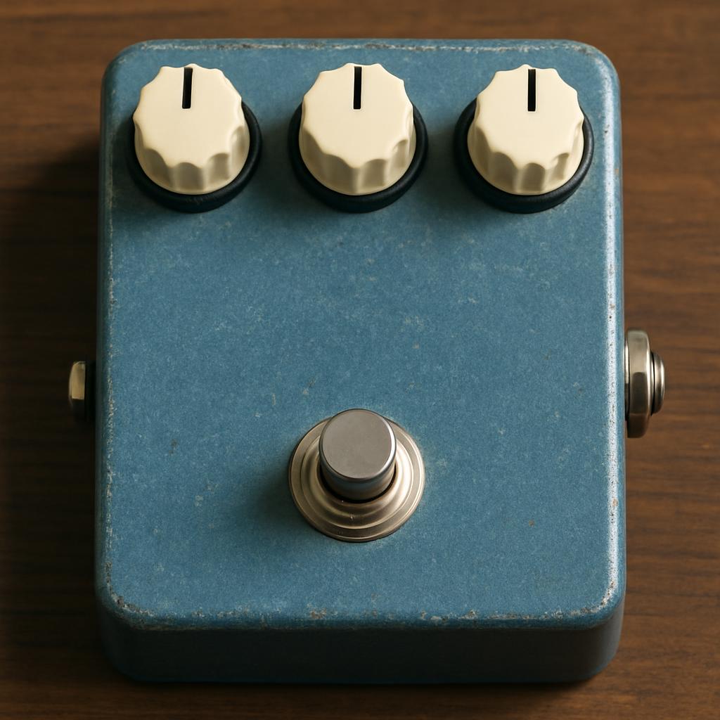 A blue pedal with three knobs and a grey switch.