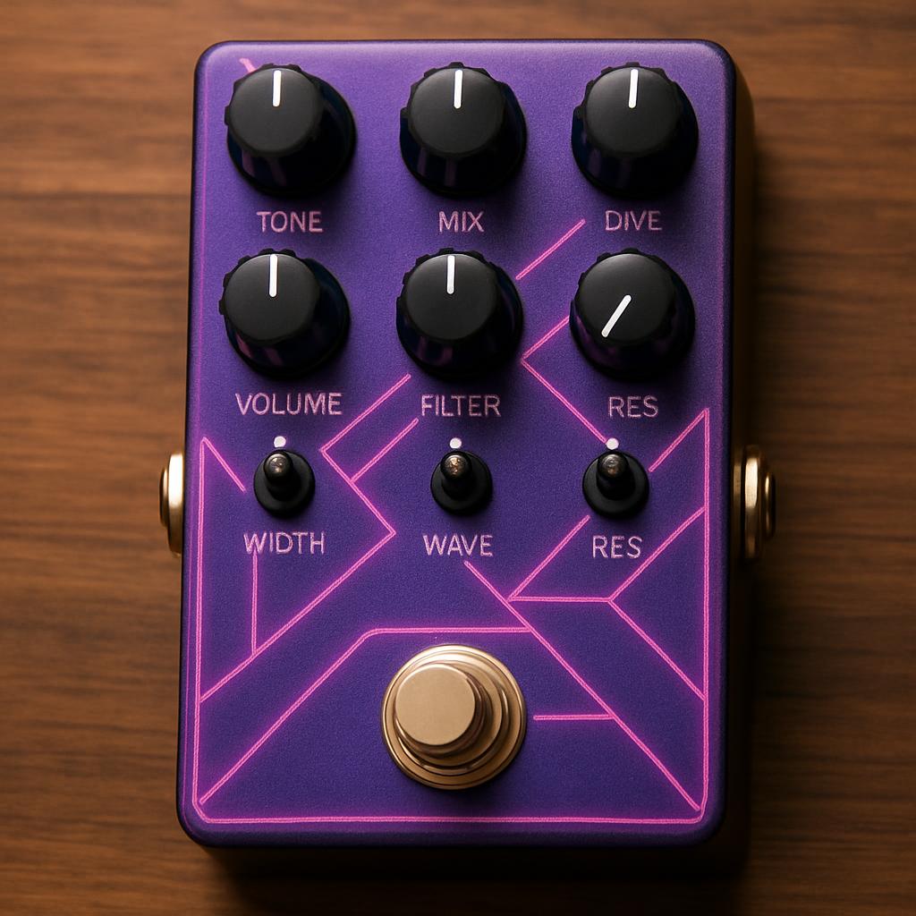 The knob arrangement of this image shows an array of knobs for controlling parameters such as tone, volume, width, mix, fi...