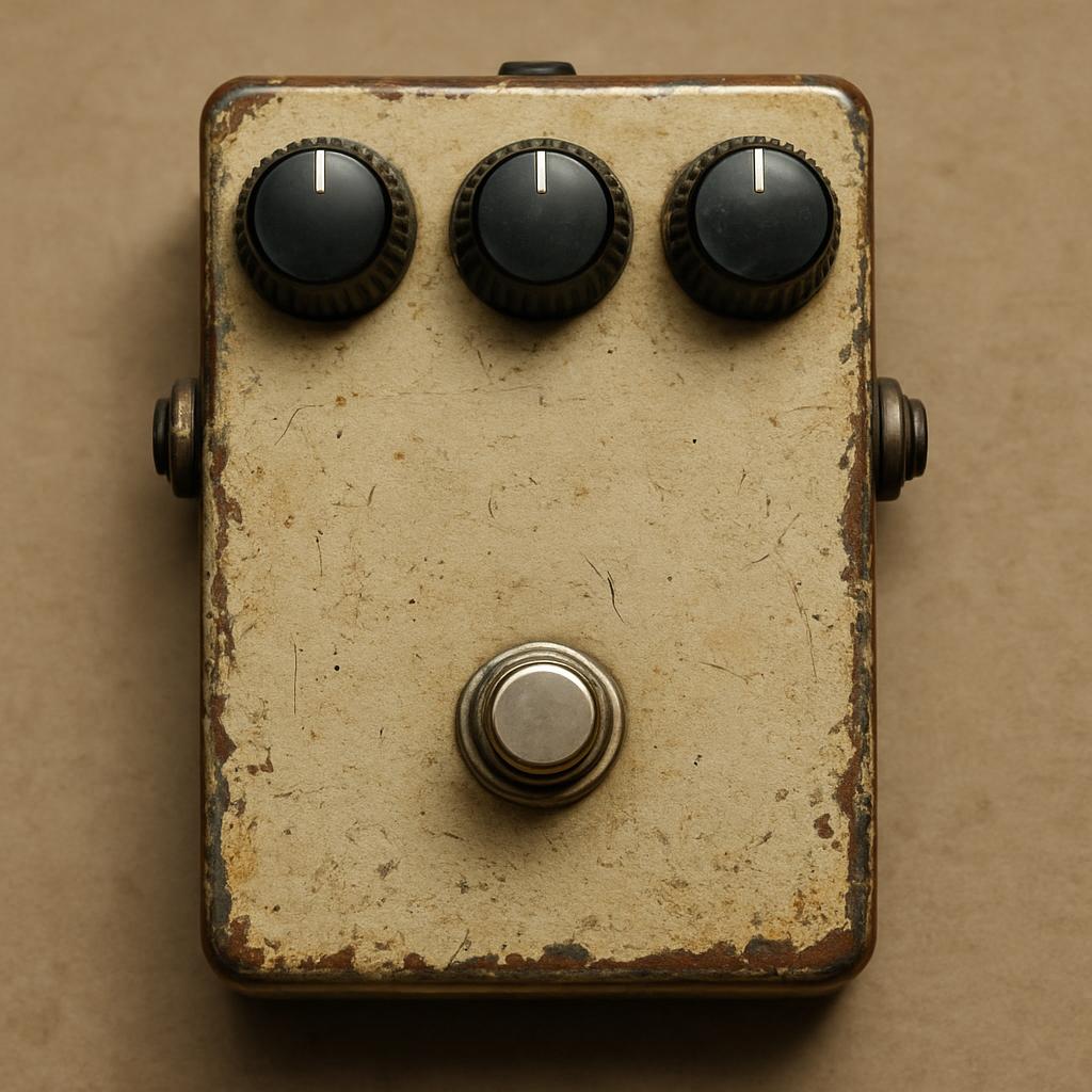 This image of a guitar pedal showcases its worn brown exterior and well-used knobs.